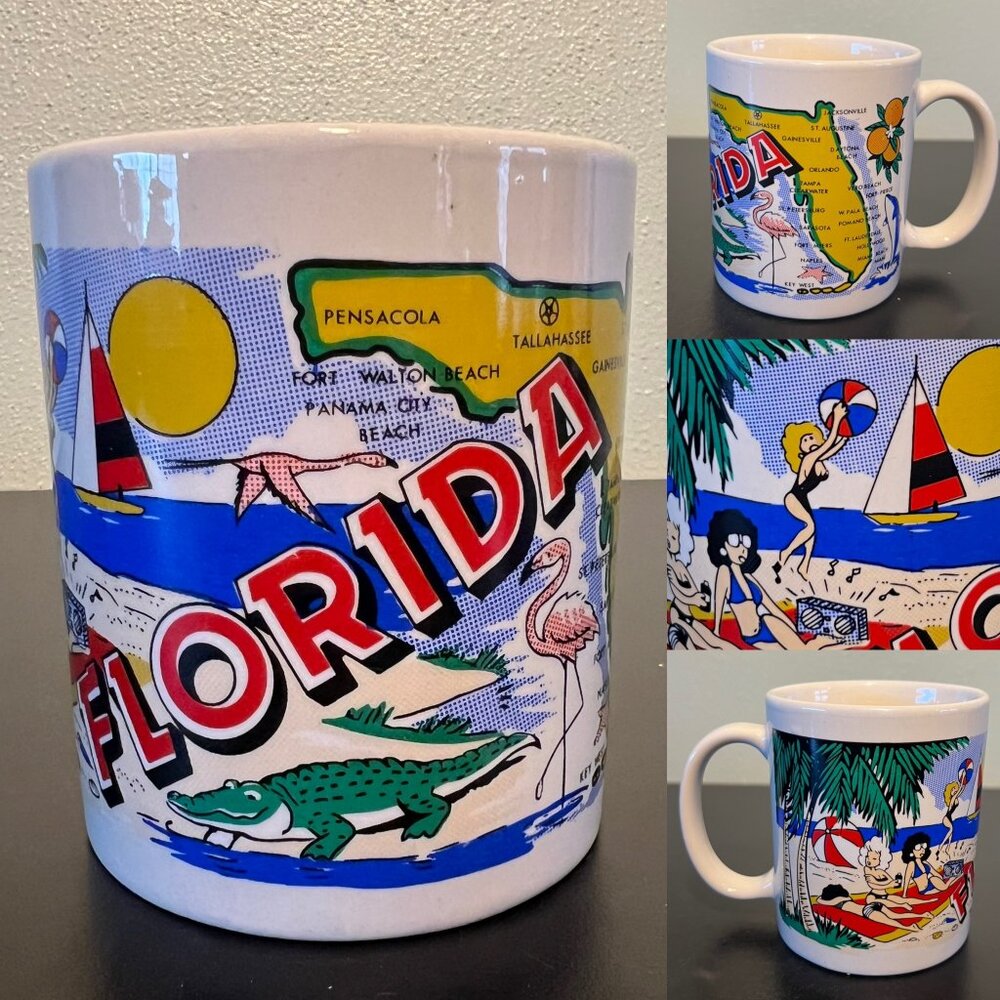 Vintage FLORIDA State Map Souvenir Coffee Cup Mug Pink Flamingoes Palm Trees